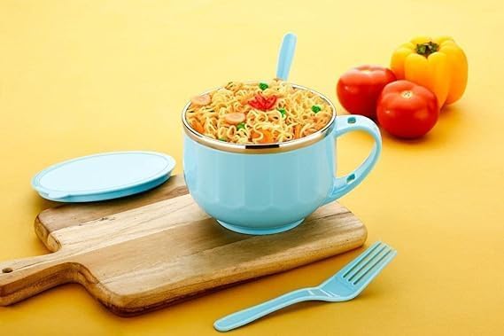 JEE Nuts and Traders Noodle Bowl with Lid and Utensils, Stainless Steel Soup Mug, 500 ml, Color May Vary Set of 2 pcs 1