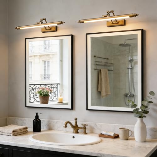 HMAKGG Spiegelleuchte Bad Vintage, LED Spiegellampe Badezimmer Retro, 60CM 12W Bilderleuchte Wandleuchte Badlampe aus Edelstahl, Warmweiß 3000K, IP44, 270° Rotation Bad für Spiegelschrank Beleuchtung