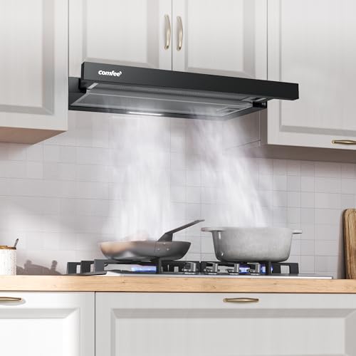 COMFEE' CHL03M21B Flachschirmhaube Dunstabzugshaube 60cm Umluft, 400 m³/h Luftstrom, Dunstabzug Unterbau Integrierte Einbau Flach Abluft Abzugshaube, Schwarz
