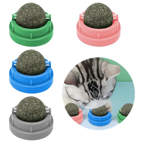 Maxentico Giochi per Gatti(4Pcs), Erba Gatta Pallina Girevole Adesiva per Pronta, Palla Gatto, Gioco Catnip Ball, per Gatti Da Leccare, Giocattolo Rotante per la Pulizia Dei Denti Del Gatto