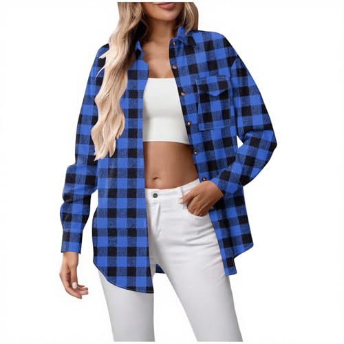 Image of Blue Women's Checked Shirt, Long Sleeve Button Down Pocket Shirts, Loose Fit Plaid Overshirt, Ladies Lightweight Shirt Jacktes, Trendy Casual Layering Tops Shackets XXL