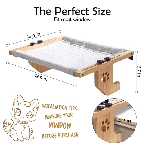 Cat Window Perch with 2 Covers Sturdy Solid Wood Cat Window Hommock for Large Cats Indoor Easy to Adjust Cat Window Bed Seat Shelf for Windowsill Bedside Cabinet and Drawer (Canvas+Plush)