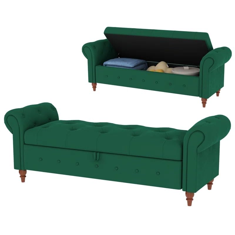 Image of LEGACY OF COMFORT F4 Velvet Upholstered Storage Bench Sofa Bench Sofa couches Rolled Arm Window Bench Ottoman Bench 2 Seater Sofa Chaise Lounger or Living Room Bedroom Office (Green Velvet)