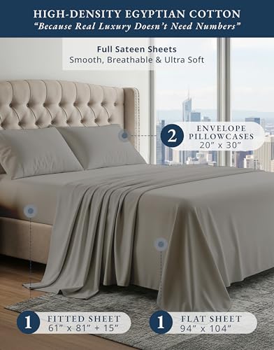 Image of LANE LINEN Full Size Sheet Sets 100% Egyptian Cotton Sateen - Charcoal | Full Sheet Set - 4-Piece Set, For Guests And Everyday Use, For A Silky Hotel-Style Bed, Long-Staple Egyptian Cotton