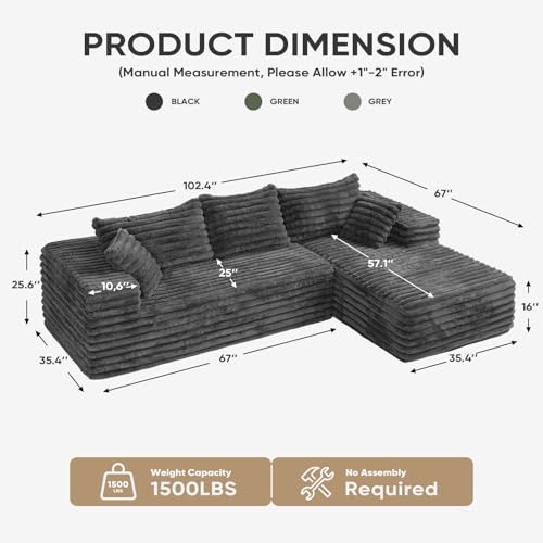 Image of Cloud Sectional Couch with L-Shape Chaise,Modern Modular Sofa with Deep Seat, Upholstered Couches with Right Facing Chaise for Living Room Bedroom, No Assembly Required, Grey (Plush Corduroy Fabric) | 102.4 inch Modular Sectional Sofa, Cloud Couch Sectional with Deep Seat, No Assembly, Grey, Right Chaise