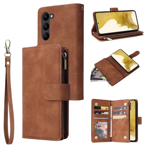 Étui cuir Samsung Galaxy S23 FE marron au design portefeuille raffiné et finitions zip