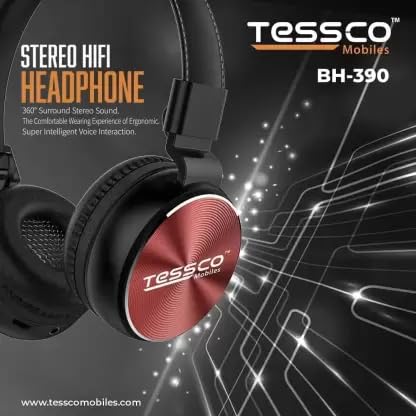 Image of Tessco (BH-390) Stereo Wireless Bluetooth Headphones Over The Ear, Lightweight Design, 360 Surround Sound HiFi (RED)