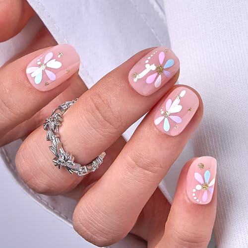 Image of CurvLife Press On Nails Extra Short - 32Pcs 16Size Soft Gel Oval Fake Nails, Reusable Glue On Nail Kit with Adhesive Tabs, Natural Fit & Salon-Quality for Women & Girls (Sweet Meadow)