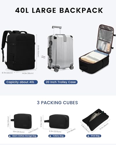 LOVEVOOK Handgepäck Rucksack, 40L Groß Reiserucksack Herren Damen Kofferrucksack Flugzeug Tasche, Travel Backpack Carry On Luggage für 17 Zoll Laptop, Reisetasche Koffer Cabin Bag für Reise, Schwarz