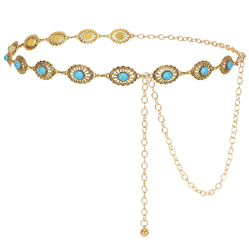 Image of LEACOOLKEY Women Turquoise Concho Chain Waist Belt Silver Western Cowgirl Metal Chain Belt for Dress Adjustable