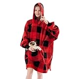 Krifey Wearable Blanket Hoodie, Oversized Sherpa Fleece Sweatshirt with Giant Pocket, Birthday Gifts for Women, Mom, Sister, KRF003-Red plaid