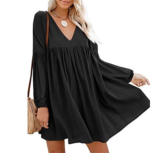 Womens Summer Long Sleeve Babydoll Casual Loose Flowy V Neck Swing Mini  Dress Tunic Dress Cute Printed Ruffle Dress (Small,Black) at Amazon Women's  Clothing store