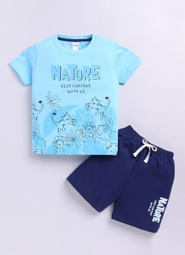 Image of LITTLE NINJA Cotton Half Sleeves Baby Animals Printed Coordinating Tee & Shorts Set - Multi Colour