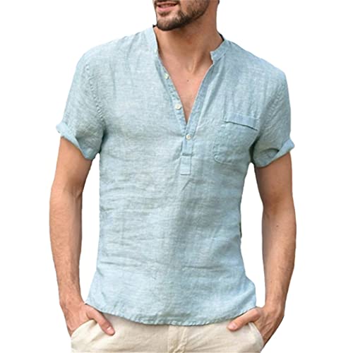 Chemise coton lin homme bleu ciel 3XL haut de gamme aux finitions soignées