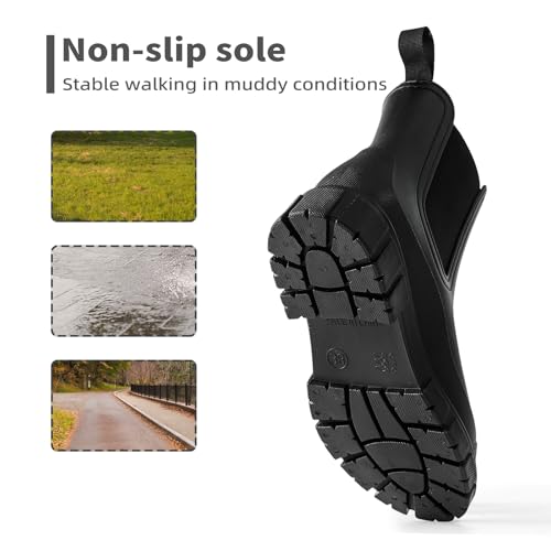 DRECAGE Gummistiefel Damen Wasserdicht Stiefel Damen Halbhoch Ankle Chelsea Boots Stylisch Stiefeletten mit Rutschfest Sohle Schwarz 36