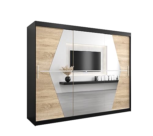 E- MEUBLES Armoire de Chambre avec 3 Portes coulissantes et Miroir Style Contemporain Penderie (Tringle) avec étagères (LxHxP): 250cmx200cmx62cm BOLA (Noir +...