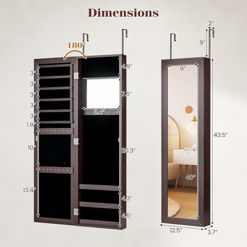 Giantex Wall Mounted Jewelry Cabinet with Full Length Mirror, Over The Door Jewelry Armoire Organizer with Large Storage, Makeup Mirror & Velvet Lining (Brown)