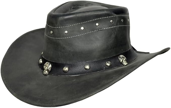 Black Danakil Leather Cowboy Hat for Men & Women – Top Grain Leather Western Hat with Skull & Stud Design, Shapeable Brim