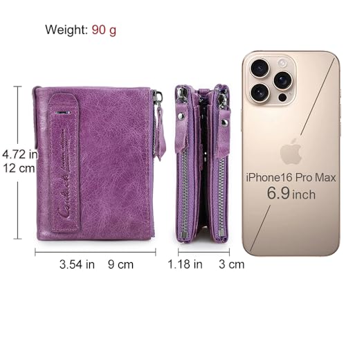 Image of CONTACTS Soft Leather Wallet for Women Small Bifold Coin Purse Double Zipper Card Holder with RFID Blocking (Purple)