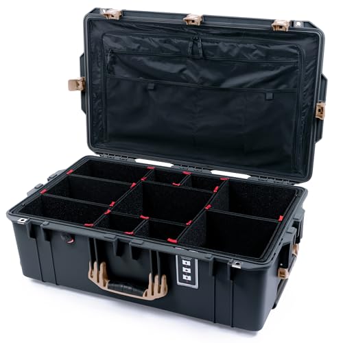 ColorCase Pelican 1595 Case Charcoal - Large Sized Waterproof Case with TrekPak Divider System & Combo Pouch Lid Organizer- Desert Tan Handles & Latches
