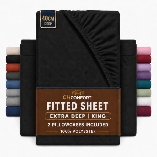 Image of CHCOMFORT Extra Deep King Fitted Sheet with 2 Pillowcases - Black Microfiber, All-Around Elastic 40cm depth, Wrinkle-Free, Fade Resistant - Suitable for All! (Black, King)