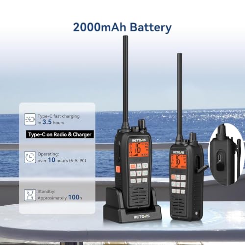 Image of Retevis RM15 6W Marine Radio VHF IP68 Floating, Type-C for Fishing (1 Pack) | 2000mAh Battery,Type-C on Radio & Charger, NOAA, Noise Reduction, Global Channels, Tri-Watch, Offshore Fishing, Travel Sport