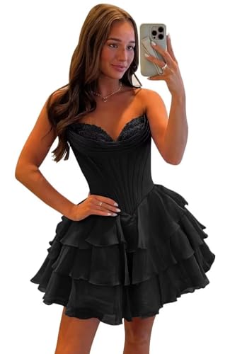 WENKAFO Sweetheart Black Homecoming Dresses Short for Teens Layered Strapless