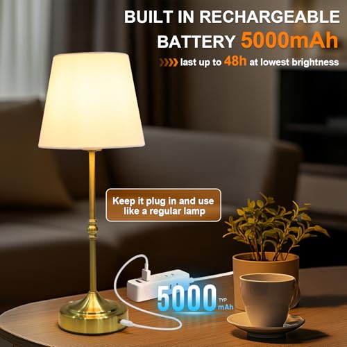 Rechargeable Cordless Lamp, 5000mAh Battery Operated Table Lamp, Wireless 3-Level Dimmable Touch Lamp, Portable Night Bedside Brass Lamp, Desk Light for Home Decor, Patio, Restaurant, Dinning - Image 4