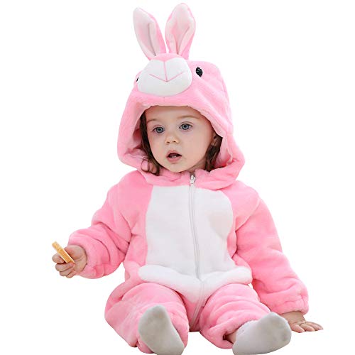 ANUFER Unisex Bambina Cappuccia Pagliaccetto Flanella Carina Animale Tuta Abiti Invernali Coniglio Rosa SN07652 18-24 Mesi
