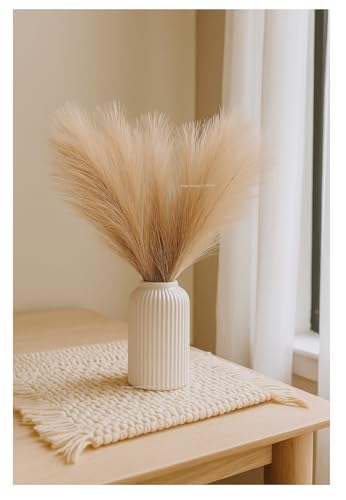 Image of SPHINX Ceramic Vase with Artificial Flowers| Flower Vase Pot for Home Decor,Living Room,Dining Table & Office|Modern Boho Minimalist Centerpiece for Decoration,Gifting (Ribbed with Pampas)