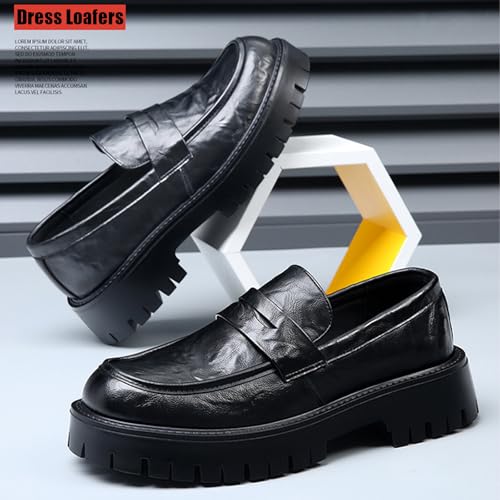 Men's Leather Chunky Platform Penny Loafers Comfy Round Toe Platform Slip-On Dress Business Casual Shoes with Non-Slip Lug Sole Sizes 5-14 US2