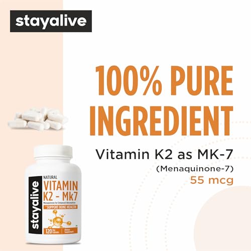 Image of STAY ALIVE Vitamin K2 MK-7 55mcg | High Absorption | 120 Capsules for Strong Bones & Heart Health | Non-GMO, Gluten-Free Vitamin K2 MK7 Supplement For Men and Women