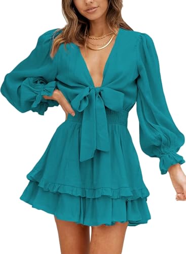 Image of Dokotoo Womens Casual Spring Fall 2025 Deep V Neck Knotted Tiered Chiffon Elegant Mini Short Swing Skater Dresses