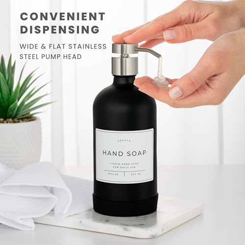 Image of Hand and Dish Soap Dispenser for Kitchen and Bathroom, Set of 2 16 Oz Glass Bottles, Stainless Steel Pumps, Non-Slip Silicone Base, 27 Waterproof Labels (Matte Black Bottle /Brushed Silver Pump)