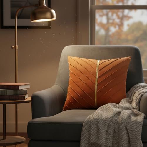 Image of Burnt Orange Velvet Throw Pillow Covers 18x18 Pack of 2 Gold Decor