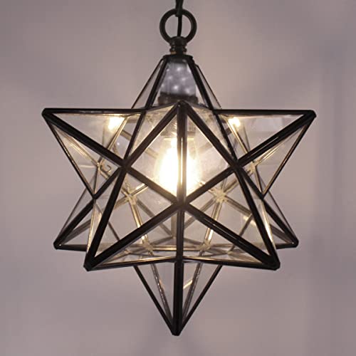 Zjart 12 Inch Moravian Star Pendant Light Plug In With Transparent Stained Glass Shade Tiffany Style Hanging Chandelier Lamp Modern Swag For Kitchen Island Dining Room Bedroom Living Room Hallway #TOP4