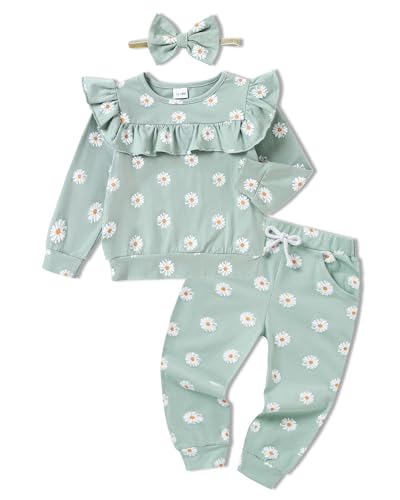 Image of CARETOO Girls Clothes Outfits Cute Baby Girl Floral Long Sleeve Pant Set Flower Ruffle Top
