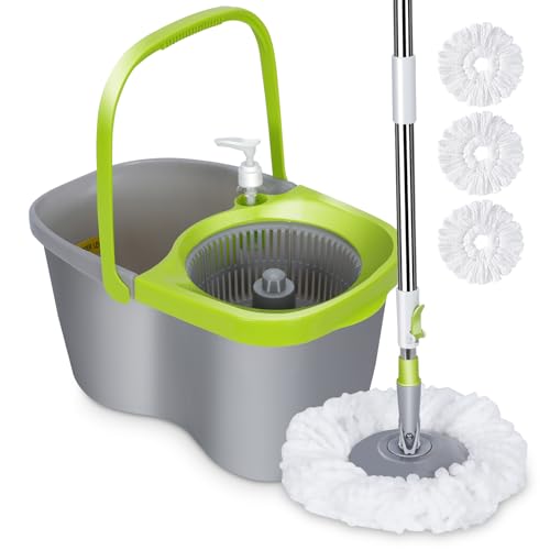Masthome 回転モップ 4L二槽式バケツ付き 水拭き乾拭きモップ フローリング掃除 3枚モップパッド付き 洗浄剤ボトル付き ハンドル調節可能 腰への負担軽減 手洗い不要 簡単に組み立て 耐久性あり 全フロアに対応 軽量 省スペース