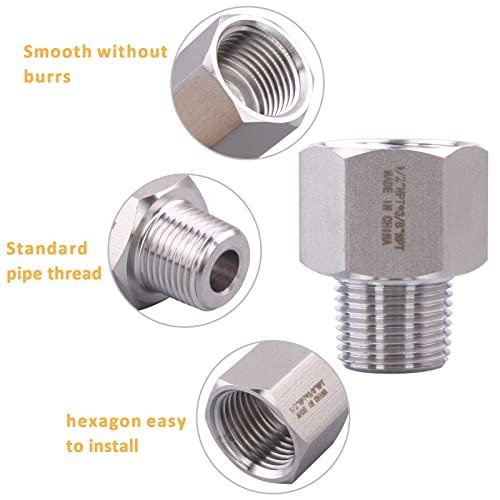 Image of Forged Reducer Adapter Fitting - Stainless Steel 304 Reducing Pipe Connector, 1 /2 inch NPT Female x 3 /8 inch NPT Male (pack of 5)