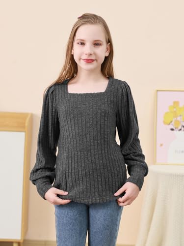 GORLYA Girls Square Neck Trendy Puff Long Sleeve Shirts Kids Ribbed Knit Tops Blouses 6-16Years3