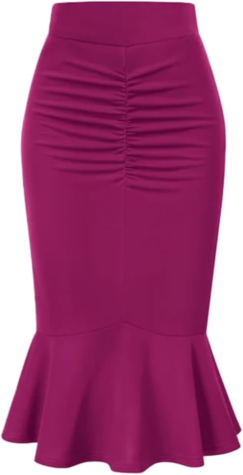 Women Ruched Skirt Elastic Waist Mermaid Slim Tight Mid Office Lady