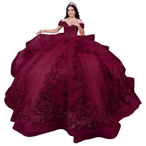 Mauuwy Glitter Lace Beaded Quinceanera Dresses Dark Burgundy 26Plus Size