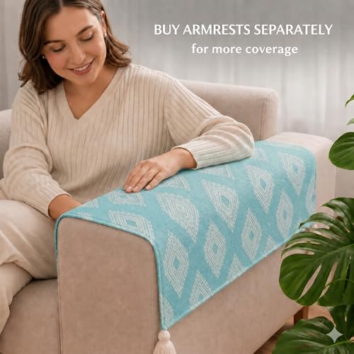 Image of STITCHNEST 'Verdant Rekhika Stories' 2 Seater Sofa Cover - Full Coverage| Elegant Jacquard Fabric, Decorative Tassels, Washable & Durable for Modern Living