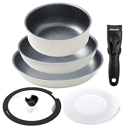 Ensemble de casseroles et poêles, 6 pièces avec poignée amovible pour plaques à induction Compatible avec toutes les plaques de cuisson Passe au lave-vaisselle/four Blanc lait
