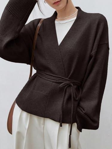 Image of WDIRARA Women's Wrap Long Sleeve Tie Front Cardigan | V Neck, Belted Sweater, Casual, Long Sleeve, Tie Waist, Knit Top