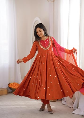 Image of Women Elegant Embroidered Sequence Anarkali Three Piece Set with Real Mirror Designer Work | Women's Premium Flared Ethnic Suit Set with Kurta, Bottom & Dupatta Orange