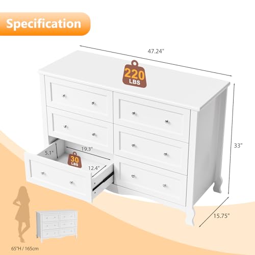 Image of VINGLI White Dresser 6 Drawer, Wood Dresser Chest of Drawers, Clothes Dressers for Bedroom with Curved Legs and Grooved Drawer Front, French, 47.24 inch W*15.75 inch D*33 inch H
