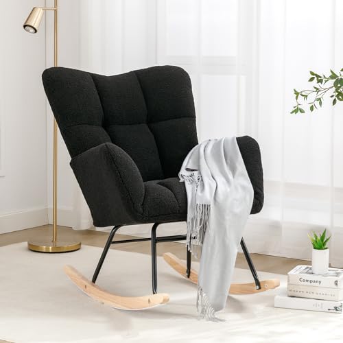 Image of FOXHUNTER Rocking Chair Nursery Teddy Upholstered Glider Rocker High Backrest Nursery Rocker Comfortable Stylish Accent Armchair for Living Rooms Bedrooms Offices (Teddy Black)