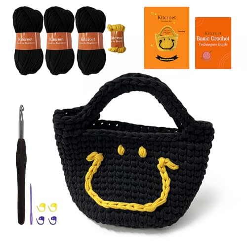 Kitcroet Kit de bolsa de crochê com kit de crochê Simley Face para iniciantes e adultos com tutoriais em vídeo passo a passo, suprimentos de tricô para iniciantes de crochê, bolsa de pendurar, preta