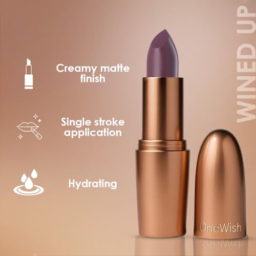 Image of One Wish Creamy Matte Lipstick Long Lasting for Women - Wined Up Shade 09 | Full Coverage | Creamy Formula | No Flaky Lips | No Dryness| High-Pigment |SPF | Vitamin E, Almond Oil & Shea Butter for Moisturising Lip | 8 Hrs Lasting | Smooth Finish | 3.8 gm